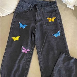 SHEIN Butterfly stitching black mom jeans
